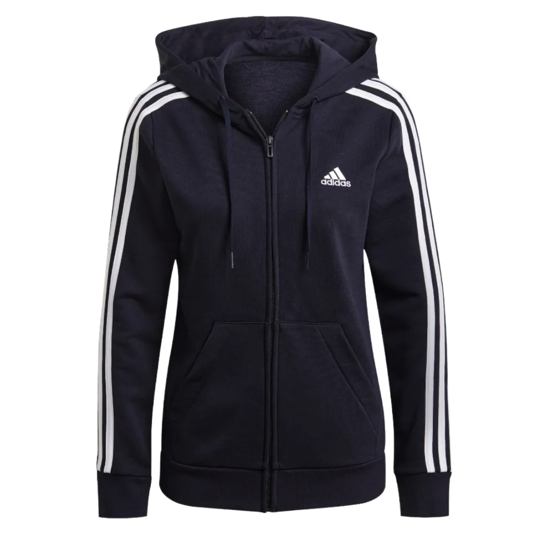 A dark-colored Adidas hoodie featuring the brand's logo and iconic three white stripes on the sleeves with a full front zipper and adjustable hood.