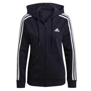 A dark-colored Adidas hoodie featuring the brand's logo and iconic three white stripes on the sleeves with a full front zipper and adjustable hood.