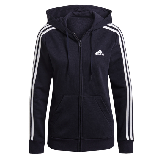 A dark-colored Adidas hoodie featuring the brand's logo and iconic three white stripes on the sleeves with a full front zipper and adjustable hood.