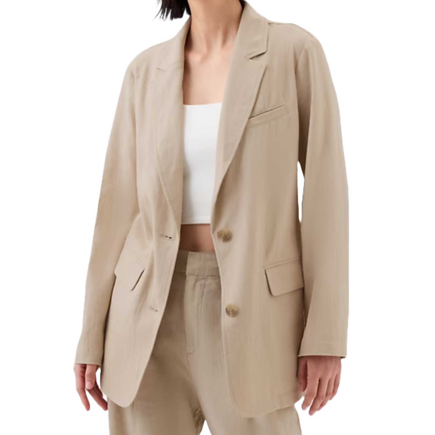 A beige linen-blend blazer with notched lapels, front flap pockets, and a single front button closure, paired with coordinating trousers.