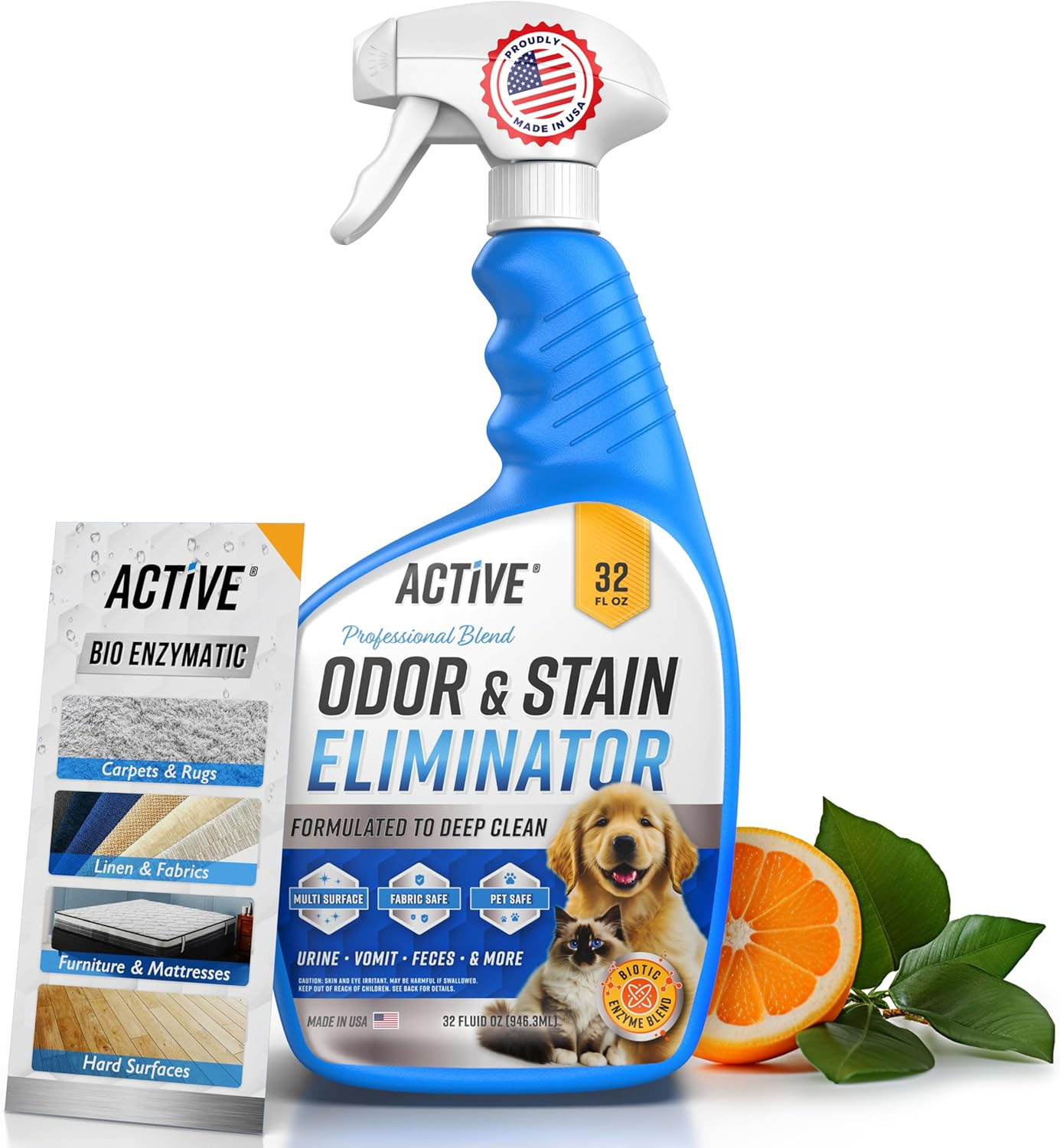Active Odor & Stain Eliminator, a 32 fl oz bio-enzymatic cleaner, targets multiple surfaces, fabrics, and is pet-safe, effectively removing urine, vomit, and feces.