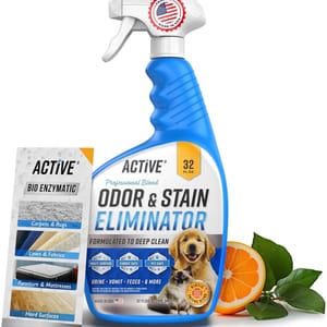 Active Odor & Stain Eliminator, a 32 fl oz bio-enzymatic cleaner, targets multiple surfaces, fabrics, and is pet-safe, effectively removing urine, vomit, and feces.