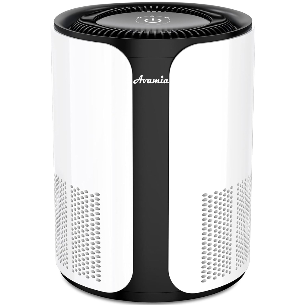 A white and black cylindrical HEPA air purifier designed for large rooms, featuring vented sides for air intake and a control panel on top.