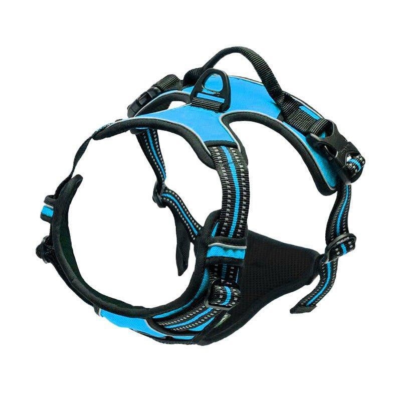 A blue and black dog harness with adjustable straps, reflective stitching, and a handle on the back for better control.