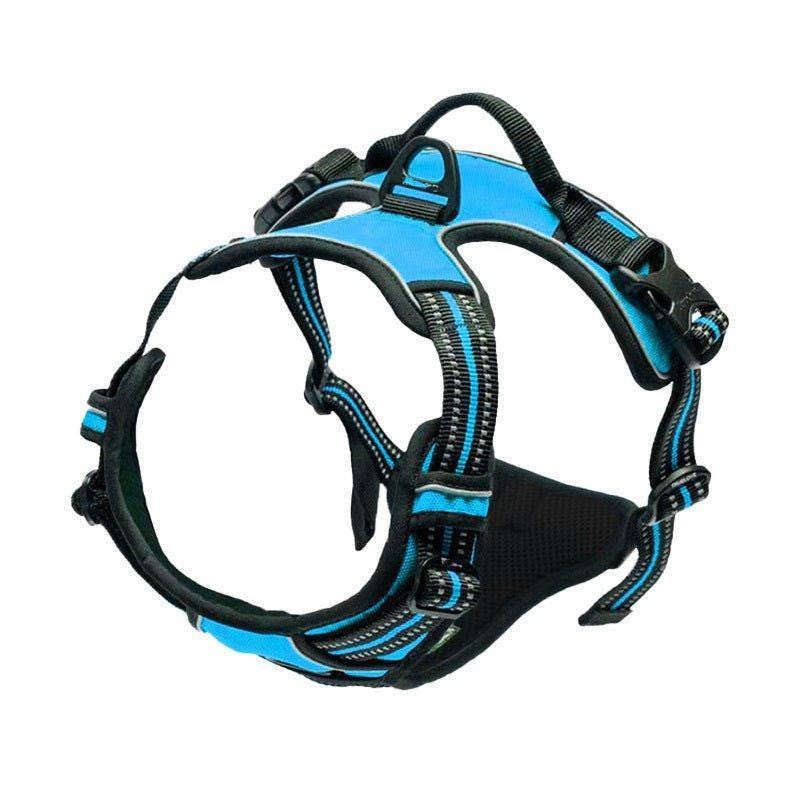 A blue and black dog harness with adjustable straps, reflective stitching, and a handle on the back for better control.