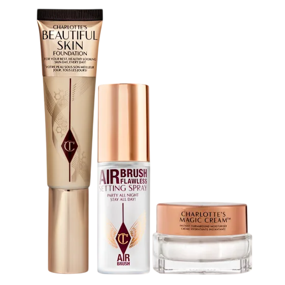 Charlotte's Beautiful Skin Foundation, Airbrush Flawless Setting Spray, and Charlotte's Magic Cream.