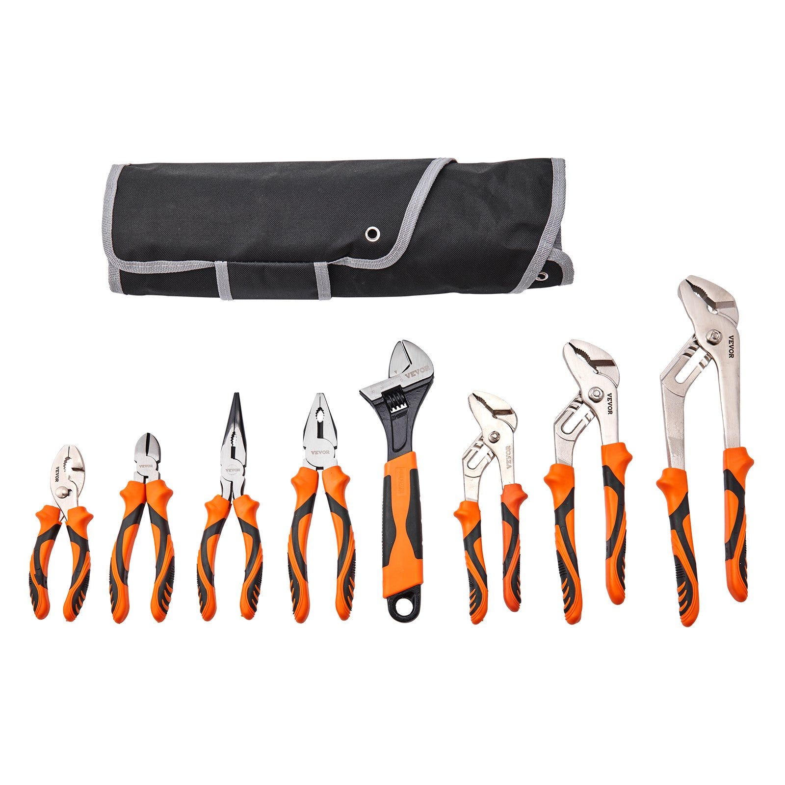 A tool set with eight pliers and an adjustable wrench, all featuring orange and black handles, alongside a black tool roll for storage.