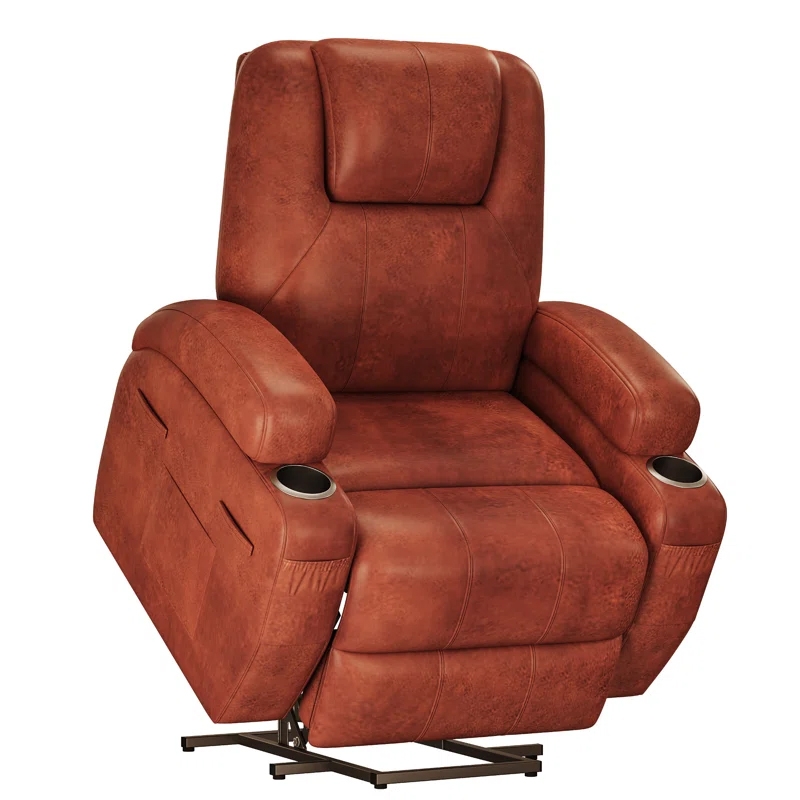 A brown reclining armchair with a lift mechanism, featuring plush cushioning and two built-in cup holders on the armrests.