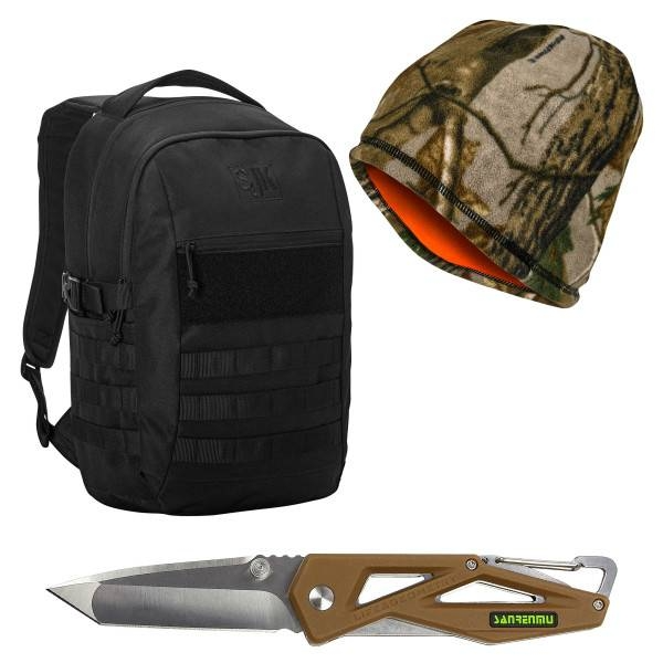 A black tactical backpack, a camouflage beanie with an orange interior, and a folding pocket knife with a brown handle.