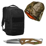 A black tactical backpack, a camouflage beanie with an orange interior, and a folding pocket knife with a brown handle.