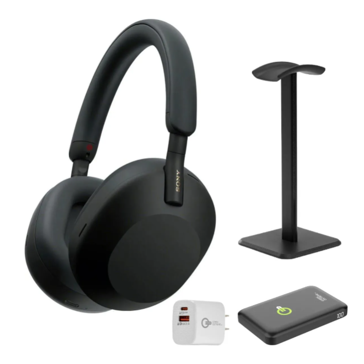 Sony over-ear headphones with a stand, a USB wall adapter, and a portable charger.
