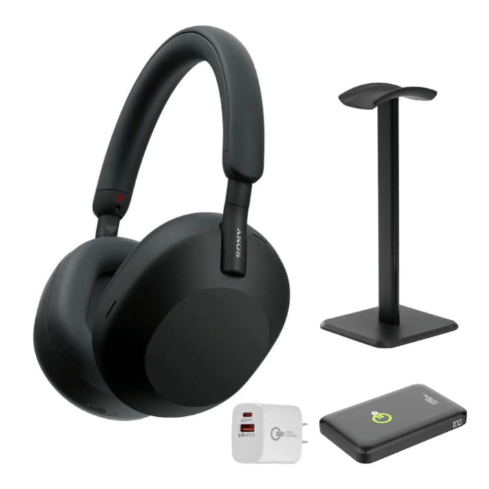 Sony over-ear headphones with a stand, a USB wall adapter, and a portable charger.