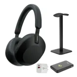 Sony over-ear headphones with a stand, a USB wall adapter, and a portable charger.