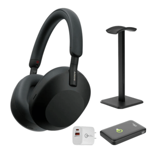 Sony over-ear headphones with a stand, a USB wall adapter, and a portable charger.