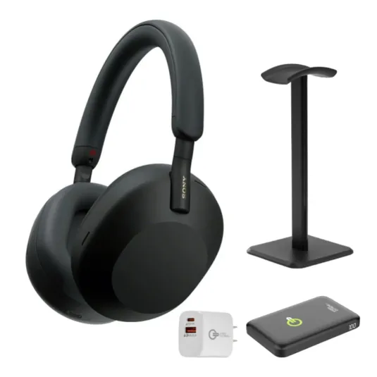 Sony over-ear headphones with a stand, a USB wall adapter, and a portable charger.