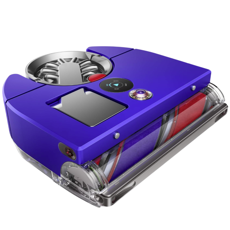 A blue robotic vacuum cleaner equipped with smart navigation features, including app control, is shown. The design includes a roller brush and a digital interface.