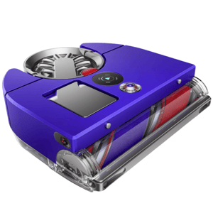 A blue robotic vacuum cleaner equipped with smart navigation features, including app control, is shown. The design includes a roller brush and a digital interface.