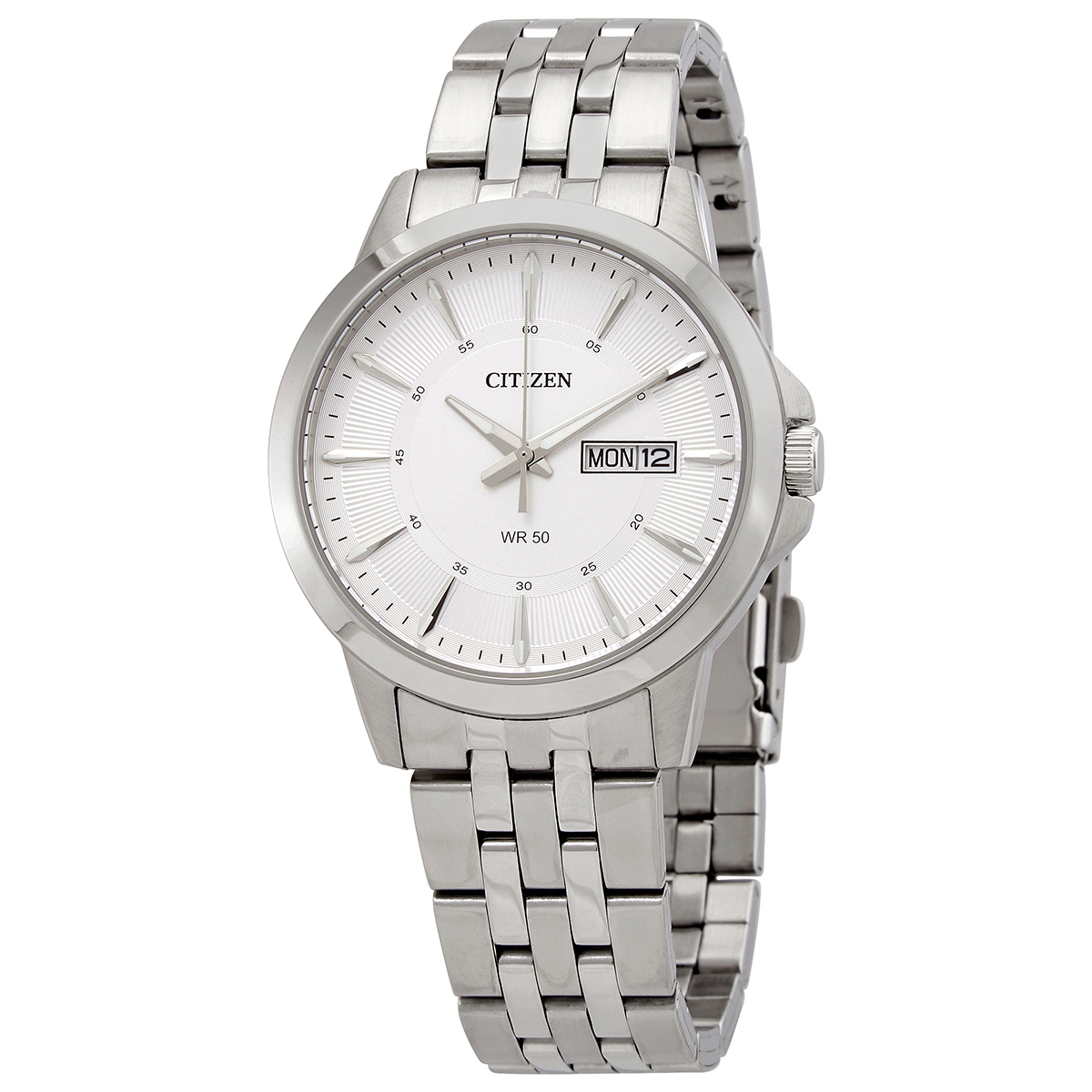 Citizen Quartz Stainless Steel Watch with a white dial, silver hour markers, a day-date function displaying \“MON 12,\“ and a silver stainless steel bracelet. Water resistance marked at WR 50.