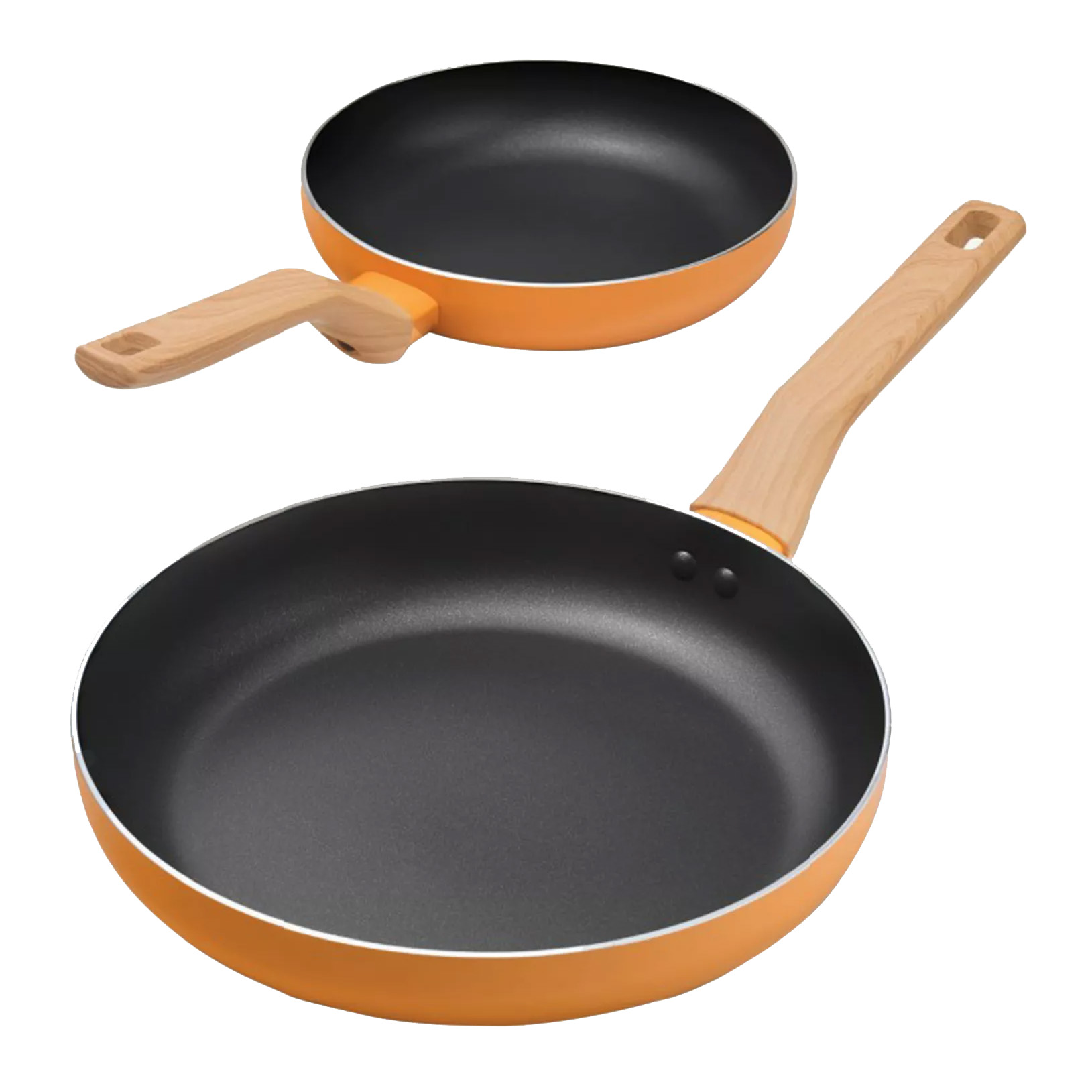 Two non-stick frying pans with orange exteriors and wooden handles are shown.