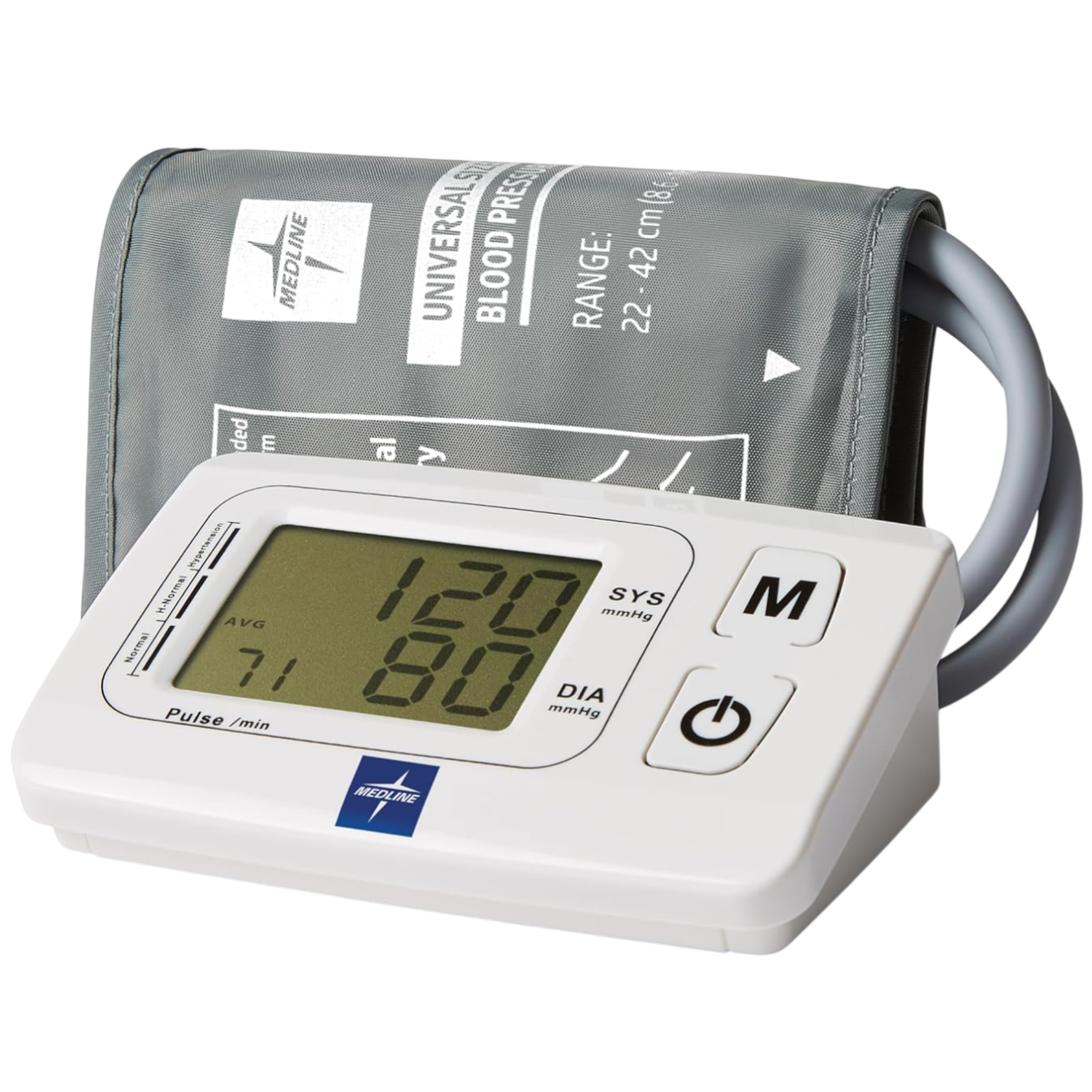 Digital blood pressure monitor with cuff, measures systolic, diastolic pressure, and pulse rate. Display shows reading of 120/80 mmHg and pulse of 71/min.