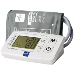 Digital blood pressure monitor with cuff, measures systolic, diastolic pressure, and pulse rate. Display shows reading of 120/80 mmHg and pulse of 71/min.