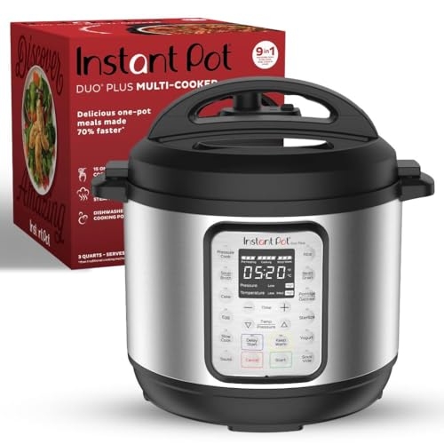 Instant Pot Duo Plus is a 9-in-1 multi-cooker with a digital control panel showcasing various cooking options such as pressure cook, rice, steam, and sauté. The appliance is accompanied by its packaging.
