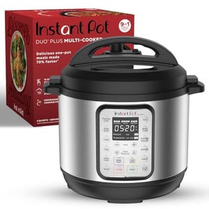 Instant Pot Duo Plus is a 9-in-1 multi-cooker with a digital control panel showcasing various cooking options such as pressure cook, rice, steam, and sauté. The appliance is accompanied by its packaging.