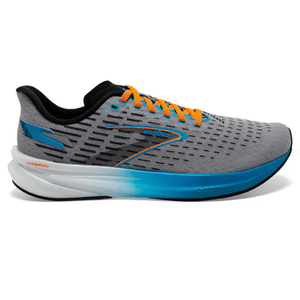 Brooks Hyperion running shoe in gray with blue accents and orange laces, featuring a cushioned white sole.