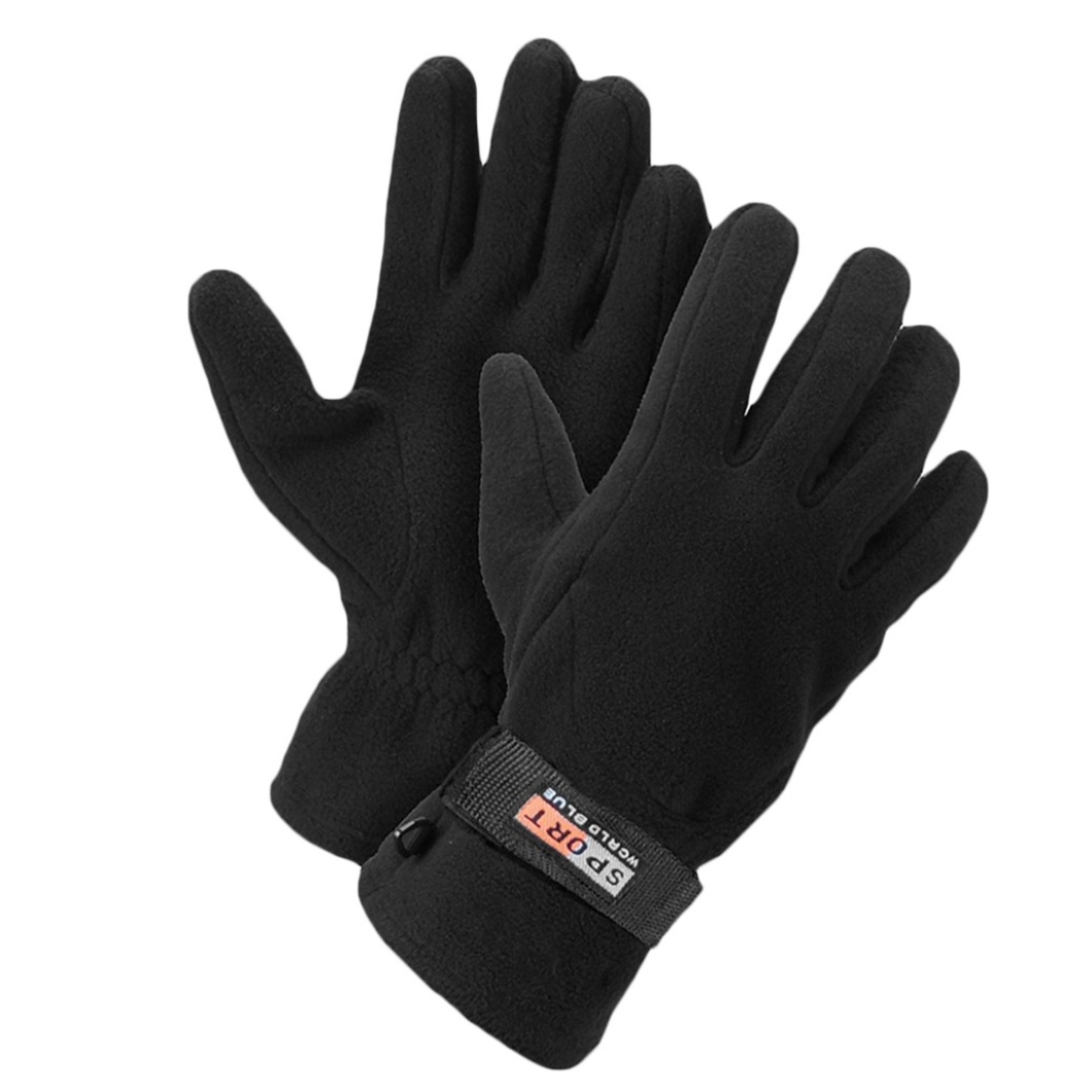 A pair of black fleece gloves with elastic wrists and a hook and loop strap labeled \“SPORT.\“