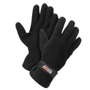 A pair of black fleece gloves with elastic wrists and a hook and loop strap labeled \“SPORT.\“