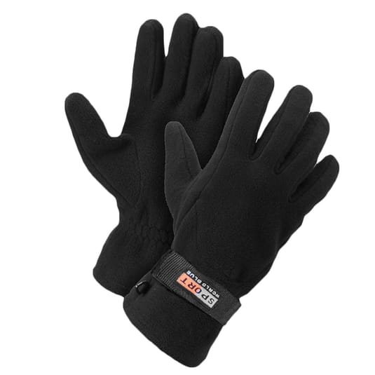 A pair of black fleece gloves with elastic wrists and a hook and loop strap labeled \“SPORT.\“