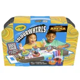 Crayola ColourWhirls Arena set for ages 6+, includes an arena, 4 ColourWhirl toys, 2 ramps, and 4 Ultra-Clean markers. Features a QR code for spinning instructions.
