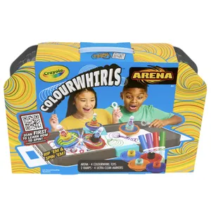 Crayola ColourWhirls Arena set for ages 6+, includes an arena, 4 ColourWhirl toys, 2 ramps, and 4 Ultra-Clean markers. Features a QR code for spinning instructions.