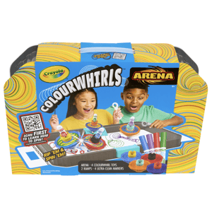 Crayola ColourWhirls Arena set for ages 6+, includes an arena, 4 ColourWhirl toys, 2 ramps, and 4 Ultra-Clean markers. Features a QR code for spinning instructions.