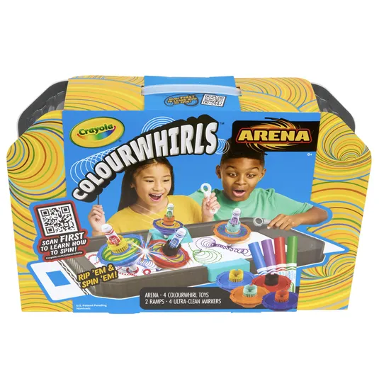 Crayola ColourWhirls Arena set for ages 6+, includes an arena, 4 ColourWhirl toys, 2 ramps, and 4 Ultra-Clean markers. Features a QR code for spinning instructions.