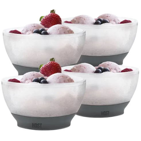 Set of double-walled bowls with a frosted appearance, containing ice cream and berries, designed by HOST.