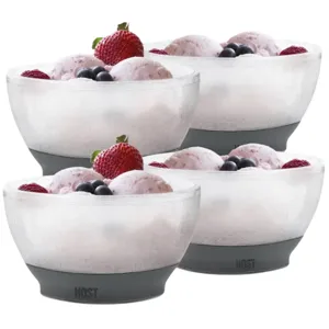 Set of double-walled bowls with a frosted appearance, containing ice cream and berries, designed by HOST.