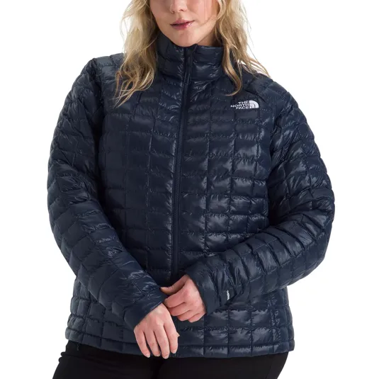 A woman wearing a navy quilted puffer jacket from The North Face, featuring a high collar and front zipper closure.