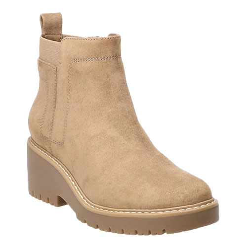 A tan suede ankle boot with a wedge heel and a pull tab at the back, featuring elastic side panels for easy wear.