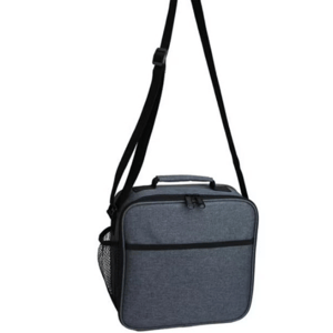 A gray insulated lunch bag with a shoulder strap, handle, front pocket, and side mesh pocket for bottles.