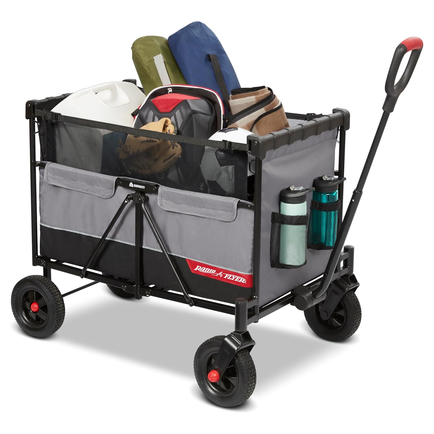 The Radio Flyer Beast Wagon is a sturdy, collapsible utility cart for transporting items. It features a grey and black frame, four wheels, mesh storage pockets, water bottle holders, and a long handle.