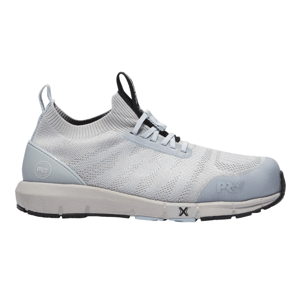 Light gray knit sneaker with a slip-on design, featuring light blue accents, black and white sole, and the Timberland PRO logo on the side.
