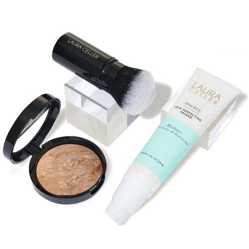 Laura Geller 3pc kit includes a retractable brush, a compact with a marbled bronzer, and a tube of Spackle Skin Perfecting Primer, all designed for enhancing complexion with a flawless finish.
