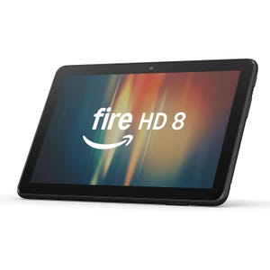 Amazon Fire HD 8 tablet with a front-facing camera, displaying \“fire HD 8\“ on the screen.
