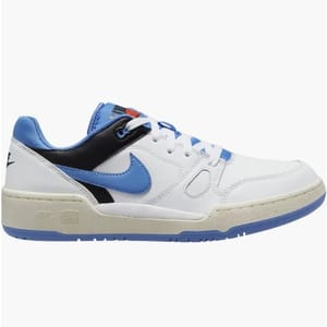 White and blue low-top sneaker with a swoosh logo on the side.