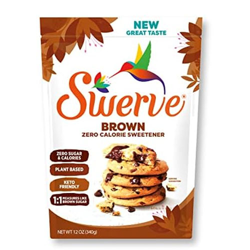 Swerve Brown Zero Calorie Sweetener is a plant-based, keto-friendly sugar substitute that measures like brown sugar. The package is 12 oz (340g) and highlights zero sugar and calories with a new great taste.