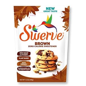Swerve Brown Zero Calorie Sweetener is a plant-based, keto-friendly sugar substitute that measures like brown sugar. The package is 12 oz (340g) and highlights zero sugar and calories with a new great taste.