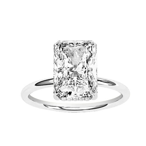 A ring featuring a large, rectangular radiant-cut diamond set on a simple white gold or platinum band.