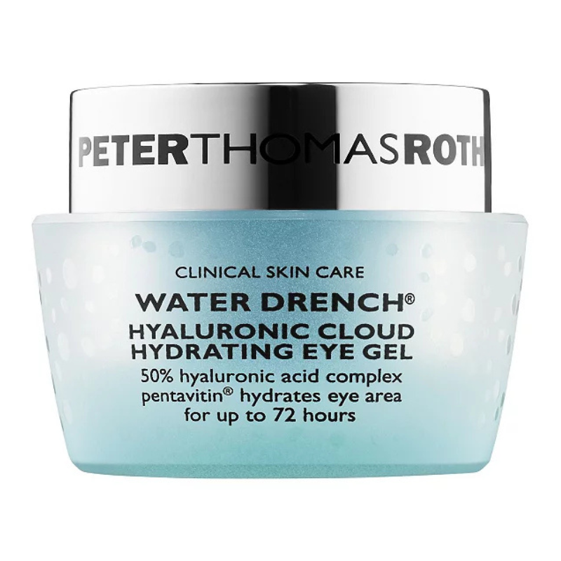 Peter Thomas Roth Water Drench Hyaluronic Cloud Hydrating Eye Gel with 50% hyaluronic acid complex and pentavitin, designed to hydrate the eye area for up to 72 hours.