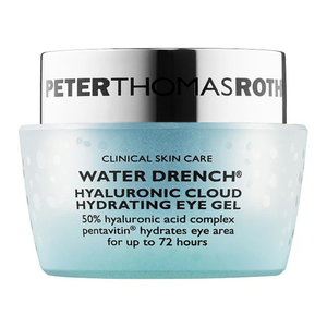 Peter Thomas Roth Water Drench Hyaluronic Cloud Hydrating Eye Gel with 50% hyaluronic acid complex and pentavitin, designed to hydrate the eye area for up to 72 hours.